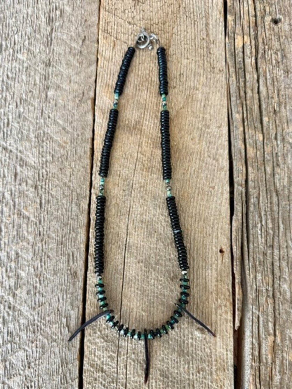 Natural Turquoise, Black Onyx & Shell Spike Necklace with Navajo Pearls